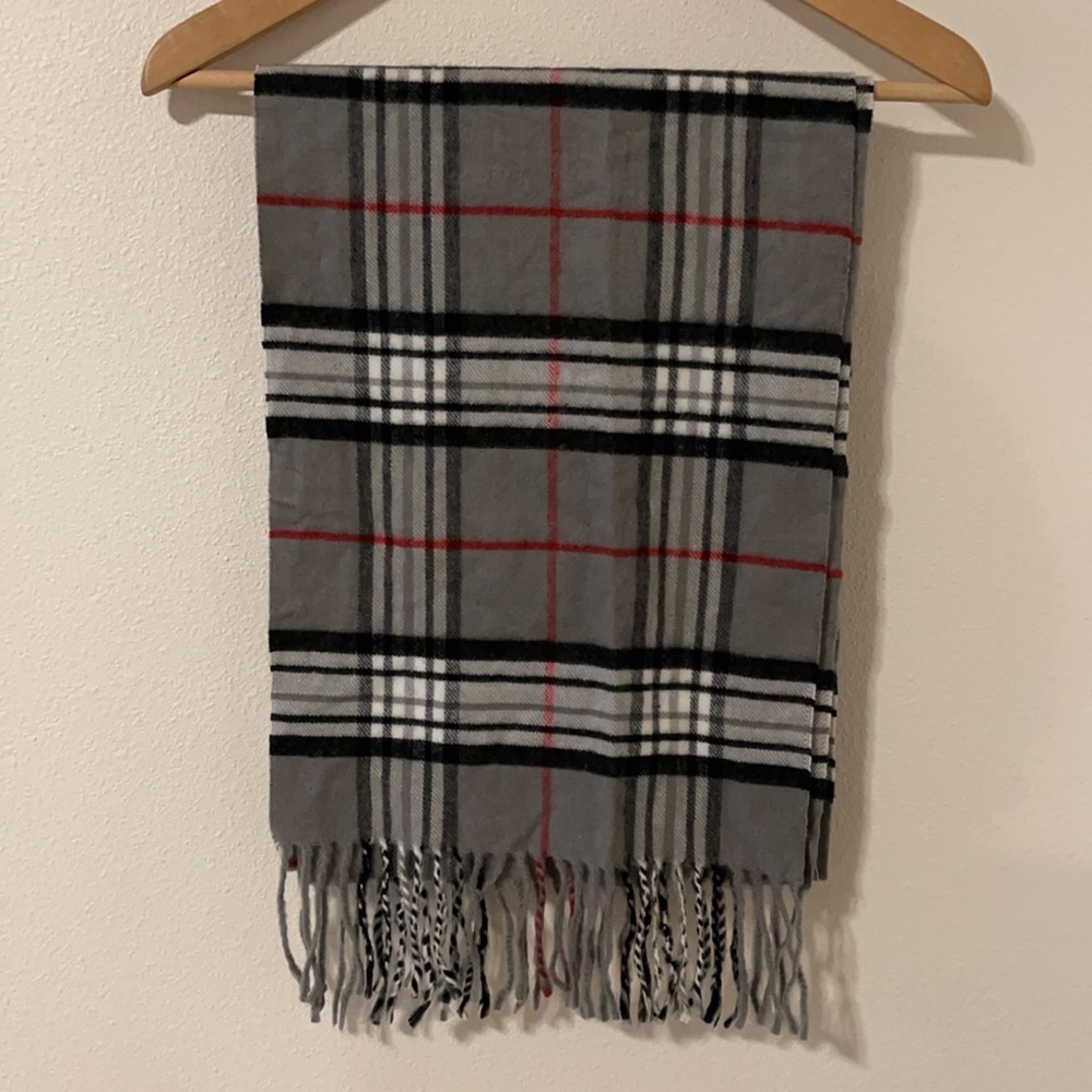 Gray Nova Check Plaid Cashmere Feel Fringe Scarf Old Money Academia-72x12”